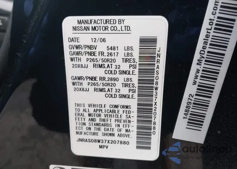 2007 Infiniti Fx35 z USA, uszkodzony, nr VIN JNRAS08W37X207880